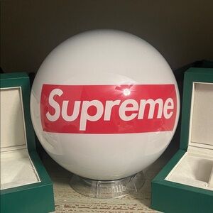Supreme White Bowling Ball with Red Branding